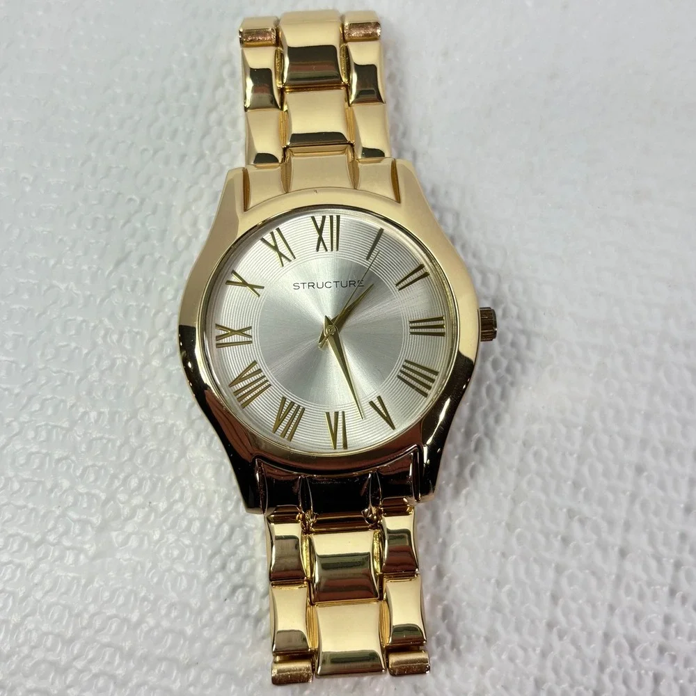 STRUCTURE Gold Tone Mens Watch NIB Roman Numeral Watch Stainless Steel Band